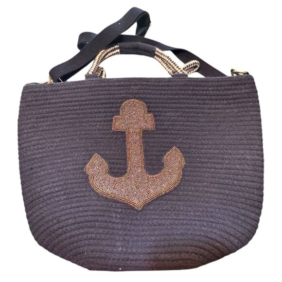 Anchor-Embellished Black Tote Bag With Rope Handles & Adjustable Strap By Americ - Picture 1 of 9
